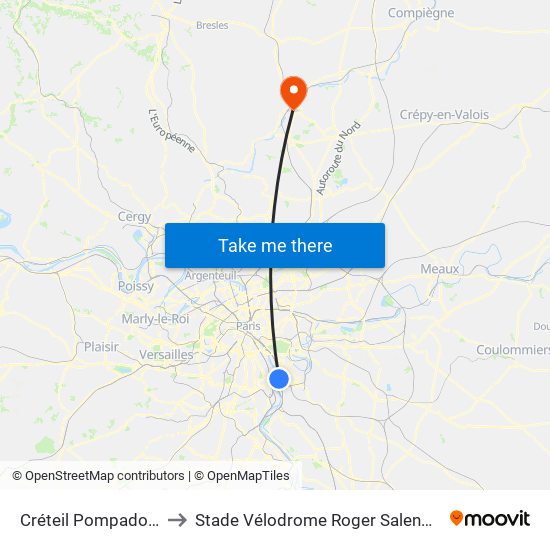 Créteil Pompadour to Stade Vélodrome Roger Salengro map