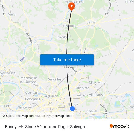 Bondy to Stade Vélodrome Roger Salengro map