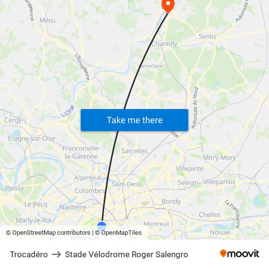 Trocadéro to Stade Vélodrome Roger Salengro map