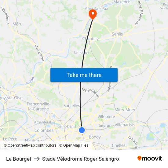 Le Bourget to Stade Vélodrome Roger Salengro map