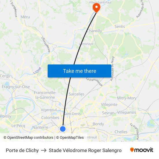 Porte de Clichy to Stade Vélodrome Roger Salengro map