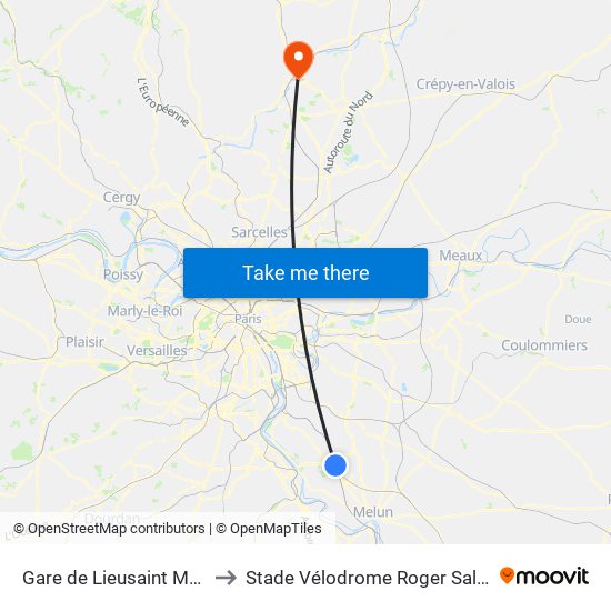 Gare de Lieusaint Moissy to Stade Vélodrome Roger Salengro map