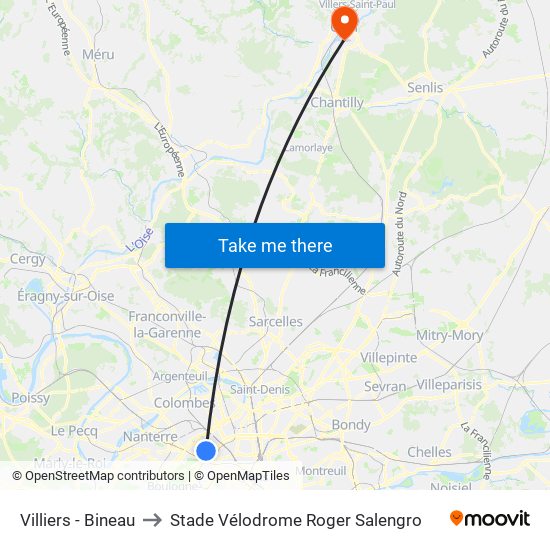 Villiers - Bineau to Stade Vélodrome Roger Salengro map
