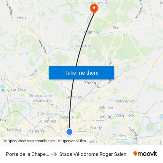 Porte de la Chapelle to Stade Vélodrome Roger Salengro map