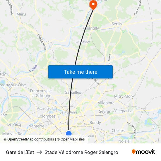 Gare de L'Est to Stade Vélodrome Roger Salengro map