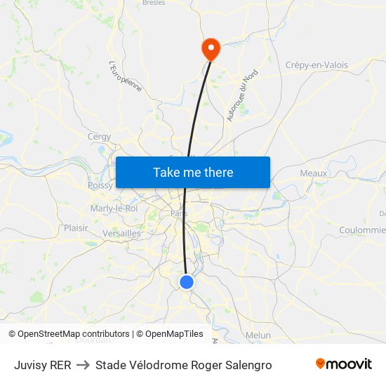 Juvisy RER to Stade Vélodrome Roger Salengro map