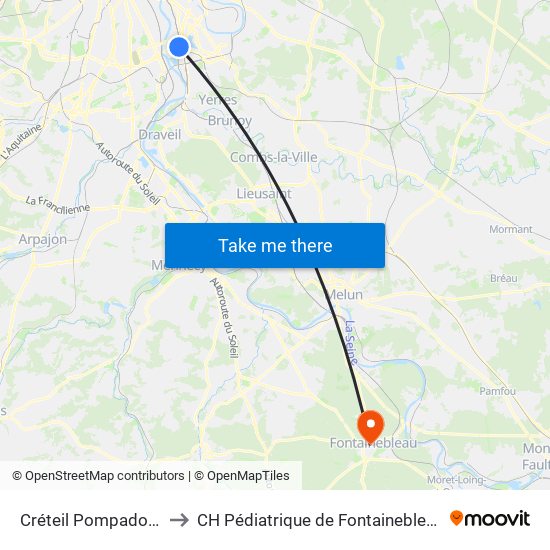 Créteil Pompadour to CH Pédiatrique de Fontainebleau map