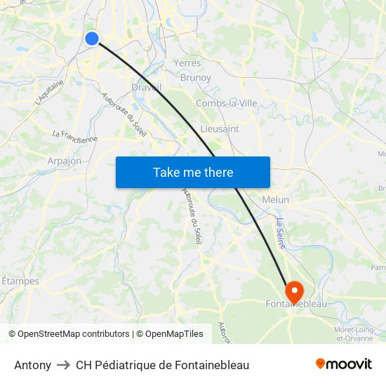 Antony to CH Pédiatrique de Fontainebleau map