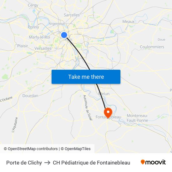 Porte de Clichy to CH Pédiatrique de Fontainebleau map