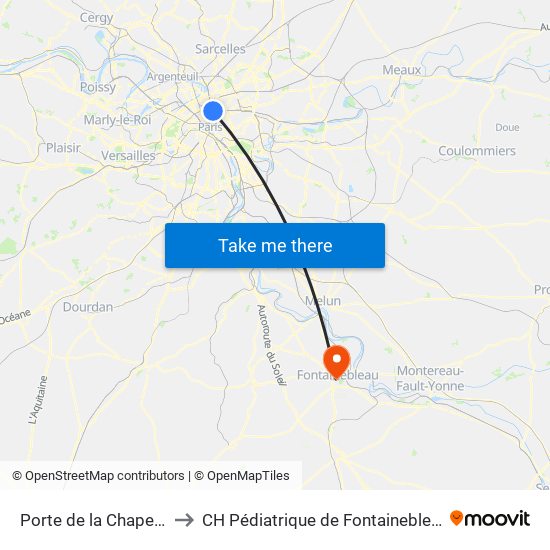 Porte de la Chapelle to CH Pédiatrique de Fontainebleau map