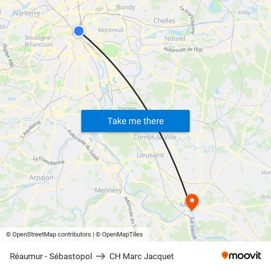 Réaumur - Sébastopol to CH Marc Jacquet map