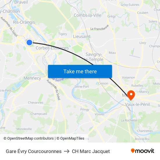 Gare Évry Courcouronnes to CH Marc Jacquet map