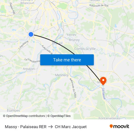 Massy - Palaiseau RER to CH Marc Jacquet map