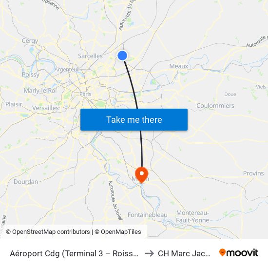 Aéroport Cdg (Terminal 3 – Roissypôle) to CH Marc Jacquet map