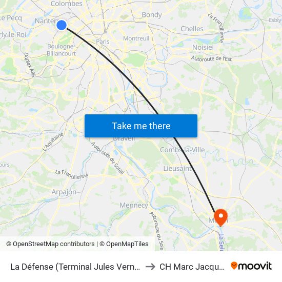 La Défense (Terminal Jules Verne) to CH Marc Jacquet map