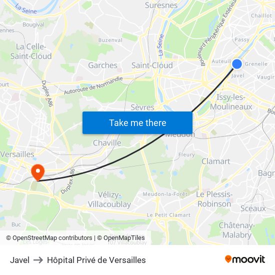 Javel to Hôpital Privé de Versailles map