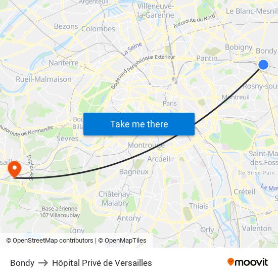 Bondy to Hôpital Privé de Versailles map