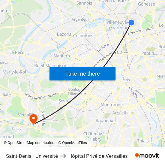 Saint-Denis - Université to Hôpital Privé de Versailles map