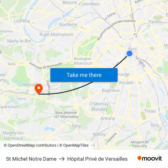 St Michel Notre Dame to Hôpital Privé de Versailles map