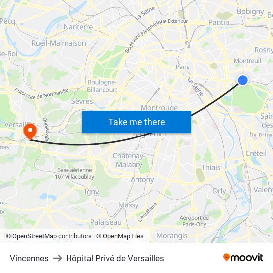 Vincennes to Hôpital Privé de Versailles map
