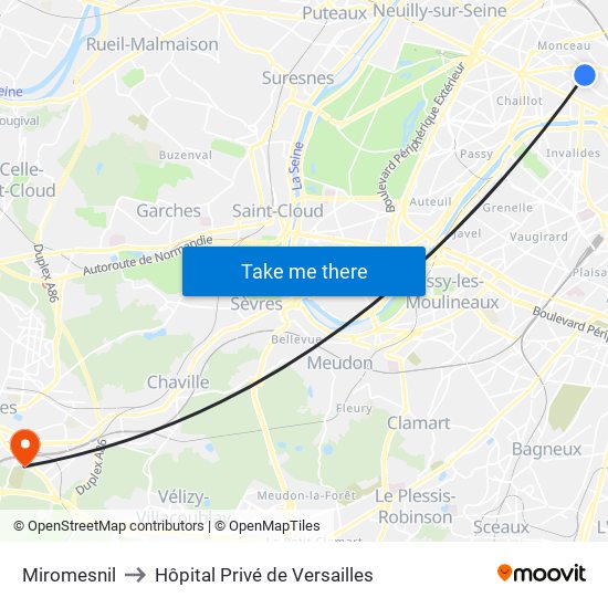 Miromesnil to Hôpital Privé de Versailles map