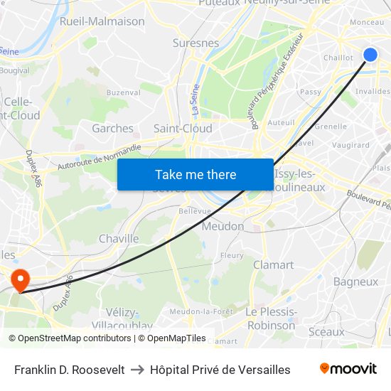 Franklin D. Roosevelt to Hôpital Privé de Versailles map