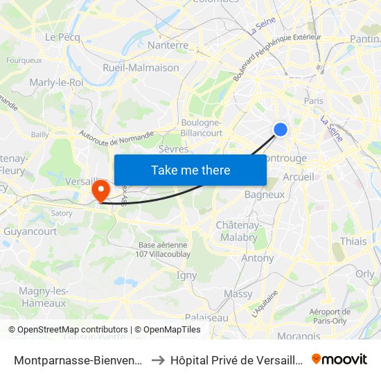 Montparnasse-Bienvenue to Hôpital Privé de Versailles map