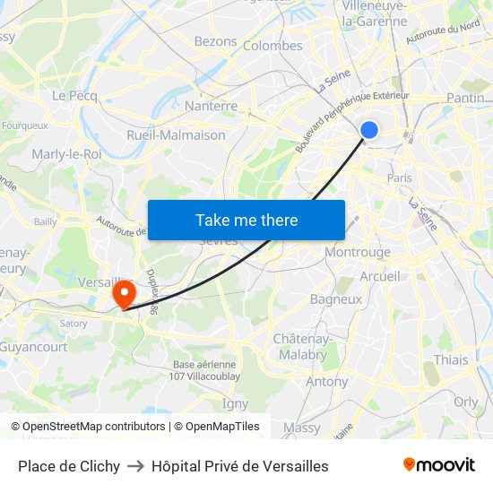 Place de Clichy to Hôpital Privé de Versailles map