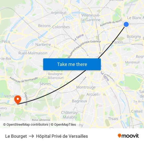 Le Bourget to Hôpital Privé de Versailles map