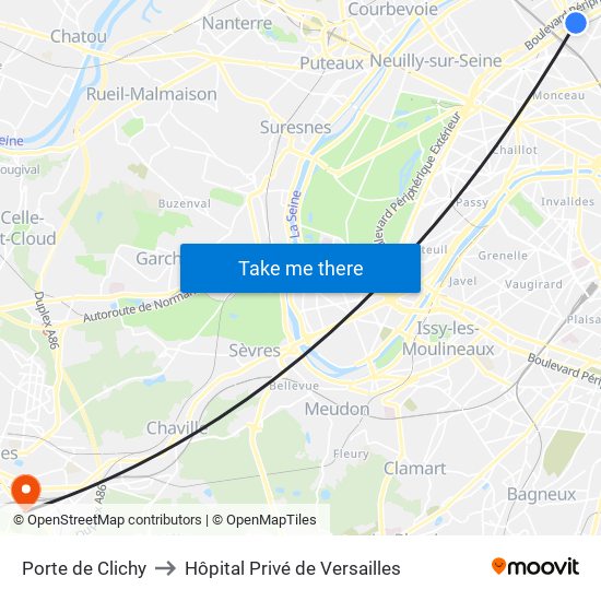 Porte de Clichy to Hôpital Privé de Versailles map