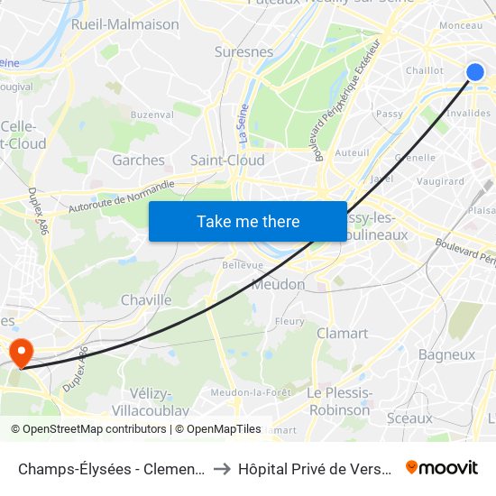 Champs-Élysées - Clemenceau to Hôpital Privé de Versailles map