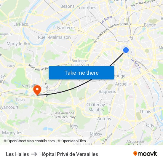 Les Halles to Hôpital Privé de Versailles map