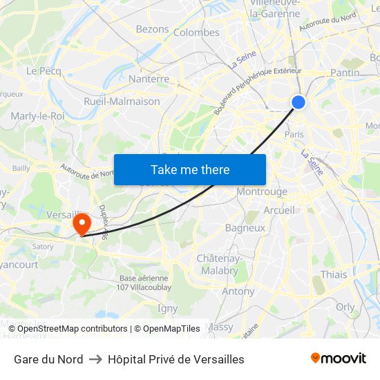 Gare du Nord to Hôpital Privé de Versailles map