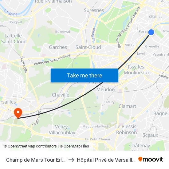 Champ de Mars Tour Eiffel to Hôpital Privé de Versailles map