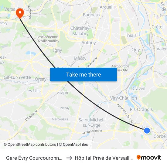 Gare Évry Courcouronnes to Hôpital Privé de Versailles map