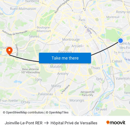 Joinville-Le-Pont RER to Hôpital Privé de Versailles map
