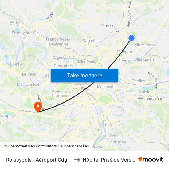 Roissypole - Aéroport Cdg1 (E2) to Hôpital Privé de Versailles map