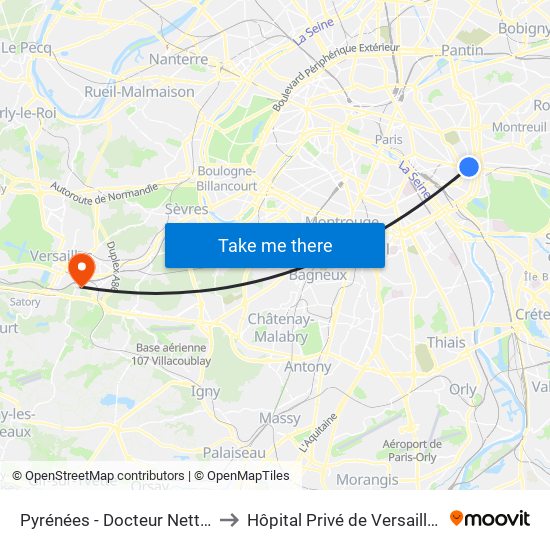 Pyrénées - Docteur Netter to Hôpital Privé de Versailles map