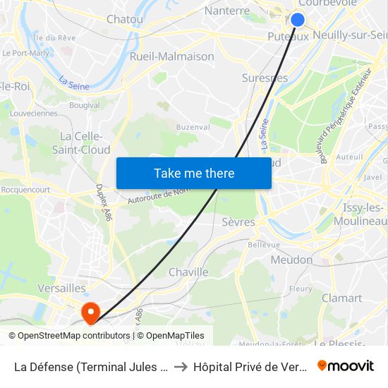 La Défense (Terminal Jules Verne) to Hôpital Privé de Versailles map