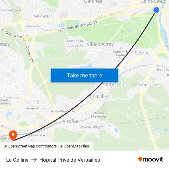 La Colline to Hôpital Privé de Versailles map