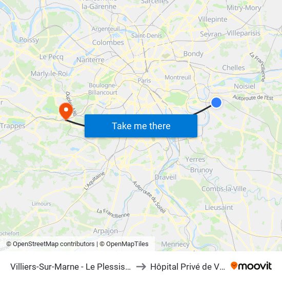 Villiers-Sur-Marne - Le Plessis-Trévise RER to Hôpital Privé de Versailles map