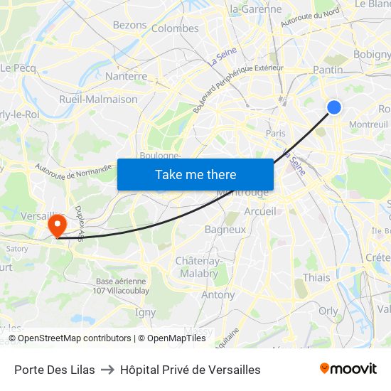 Porte Des Lilas to Hôpital Privé de Versailles map