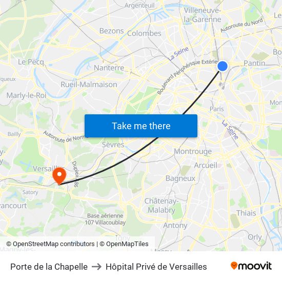 Porte de la Chapelle to Hôpital Privé de Versailles map