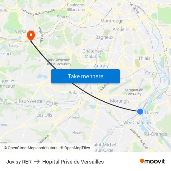 Juvisy RER to Hôpital Privé de Versailles map