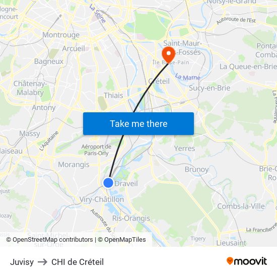 Juvisy to CHI de Créteil map