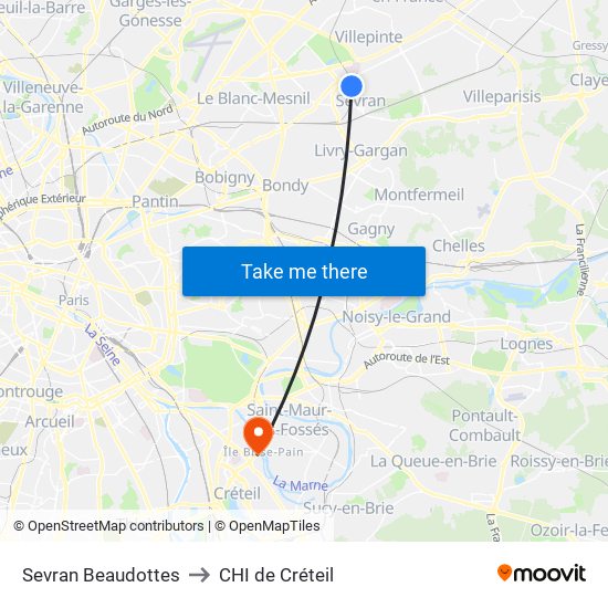 Sevran Beaudottes to CHI de Créteil map