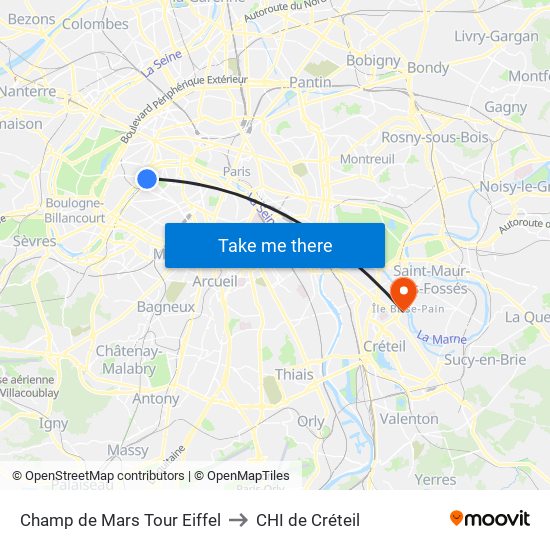 Champ de Mars Tour Eiffel to CHI de Créteil map