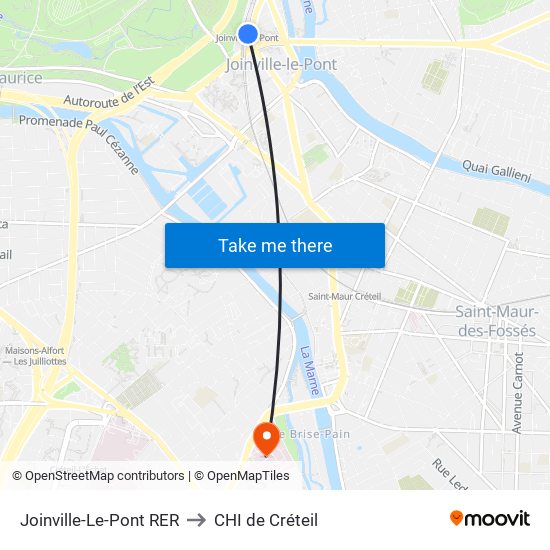 Joinville-Le-Pont RER to CHI de Créteil map