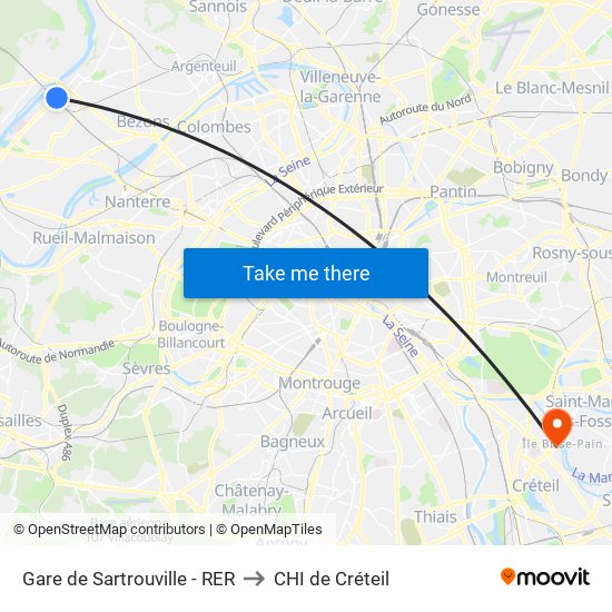 Gare de Sartrouville - RER to CHI de Créteil map