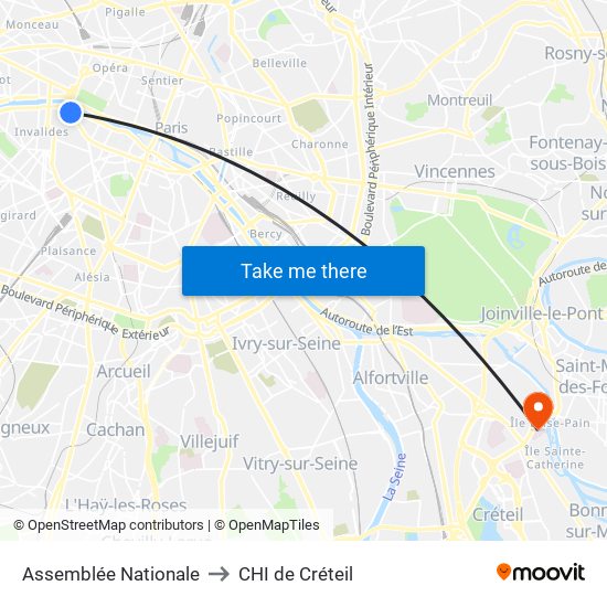 Assemblée Nationale to CHI de Créteil map